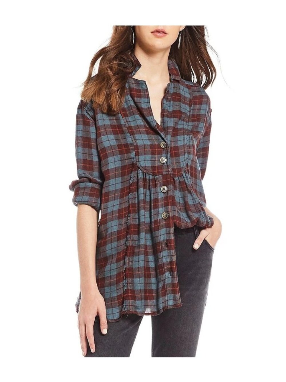 Free People Plaid Button Down Flannel Shirt Relaxed Fit Blue & Burgundy Size S